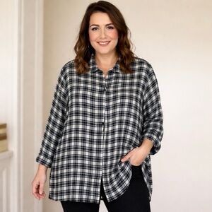 Ulla Popken Black White Plaid Sz 16/18 Casual Chic Oversized Zip Front Tunic Top